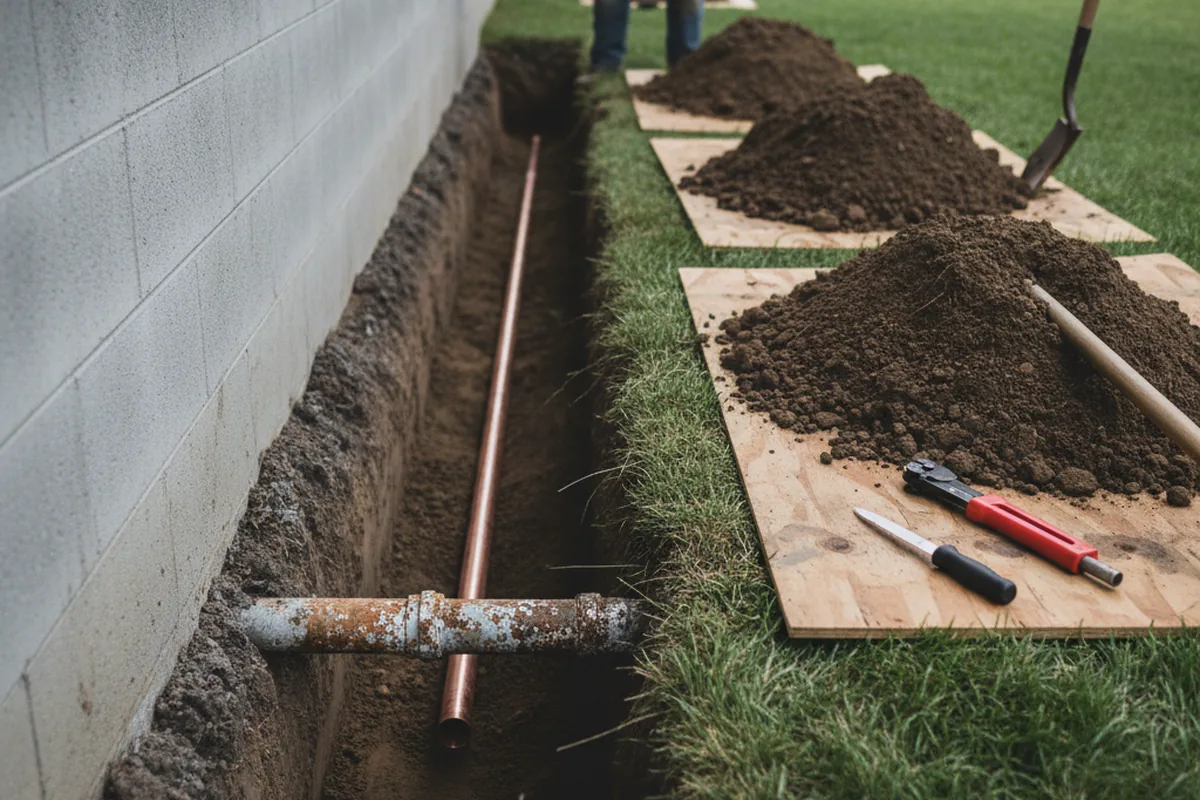 Excavated water line trench during Sewer Line Repair in Douglass